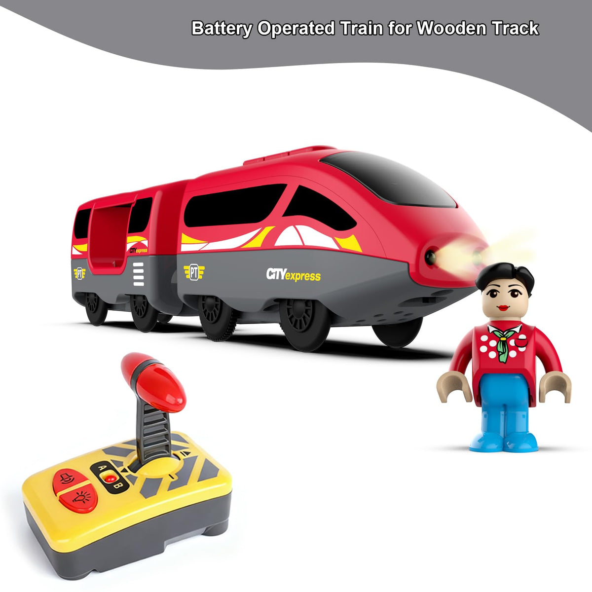 Hanqiann Battery-Operated Train for Wooden Tracks – Remote Control Locomotive with Lights