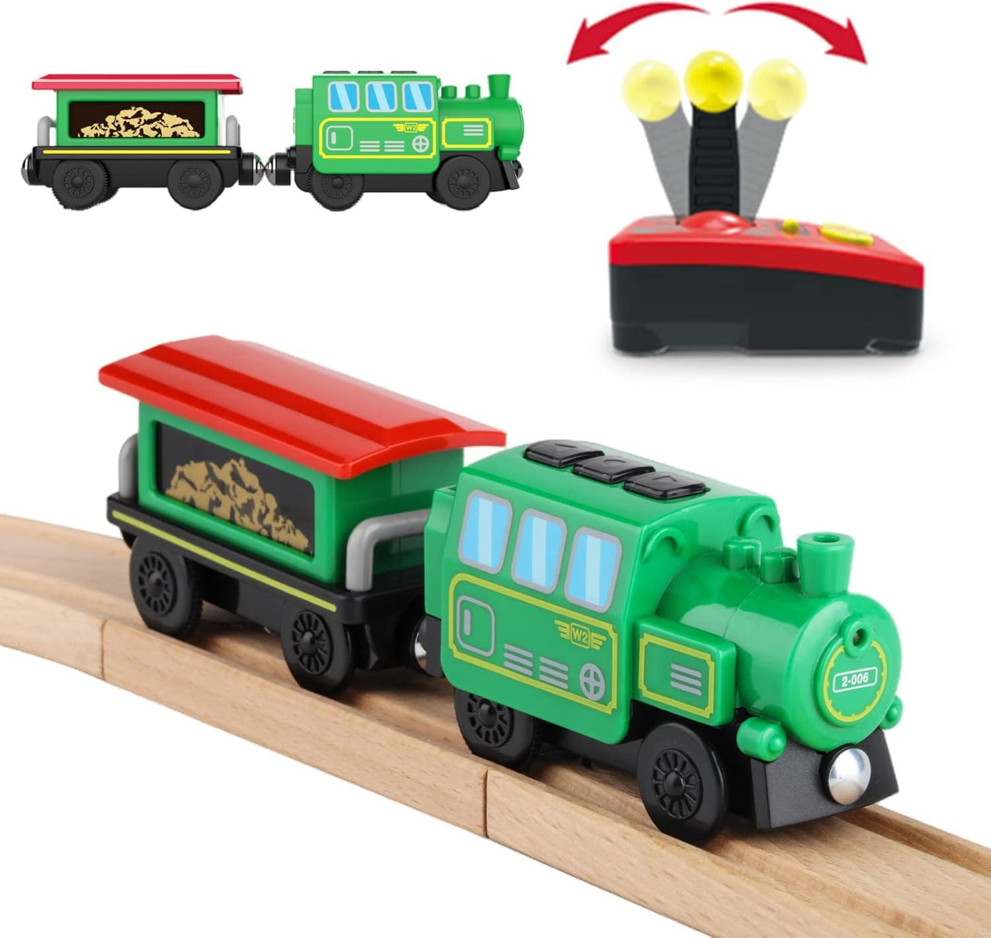 HANQIANN Battery Operated Locomotive Train Set with Light & Sound for Wooden Tracks – Remote Control Engine Toy