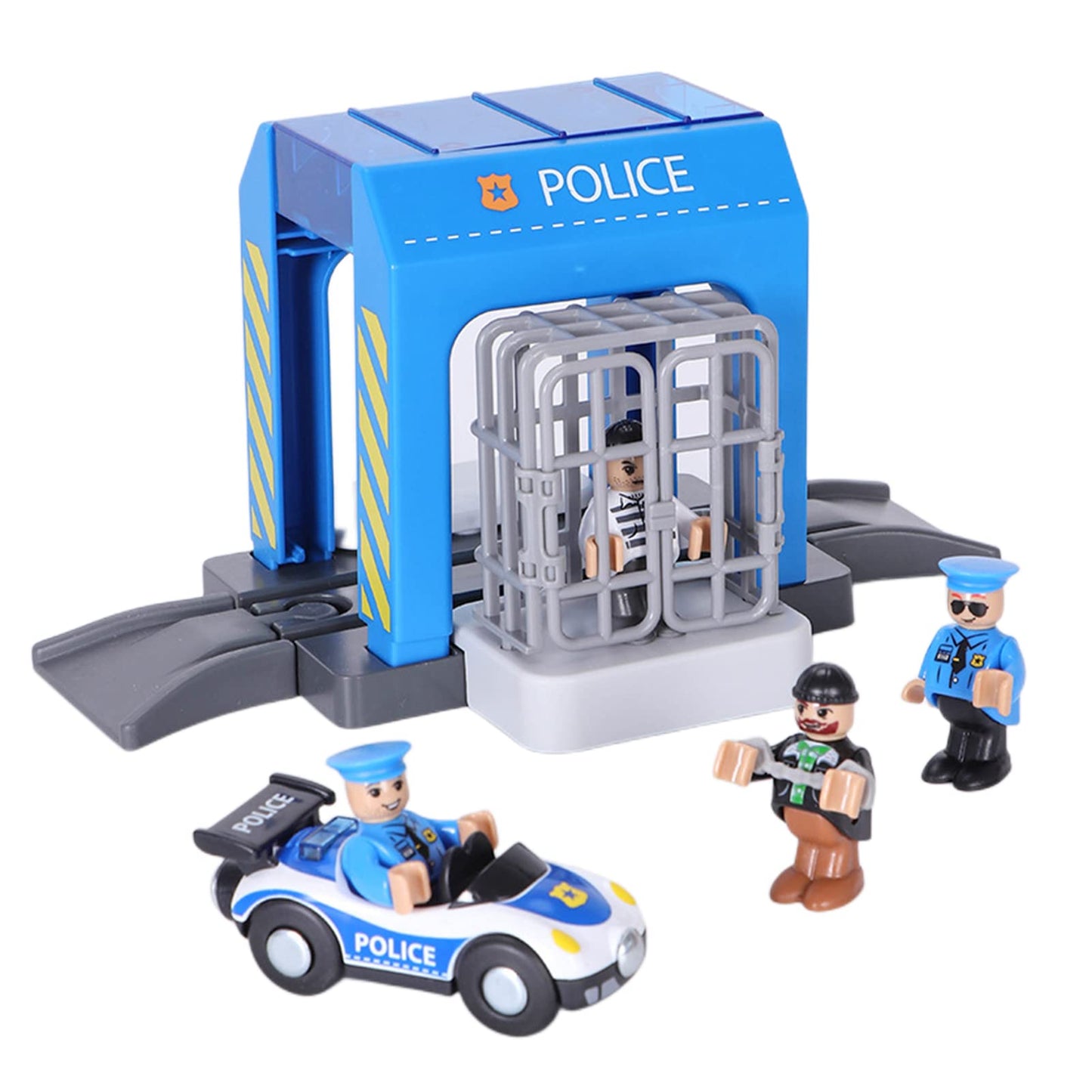 HANQIANN Police Station Playset Toy – Compatible with Wooden Train Tracks | Educational Gift for Kids