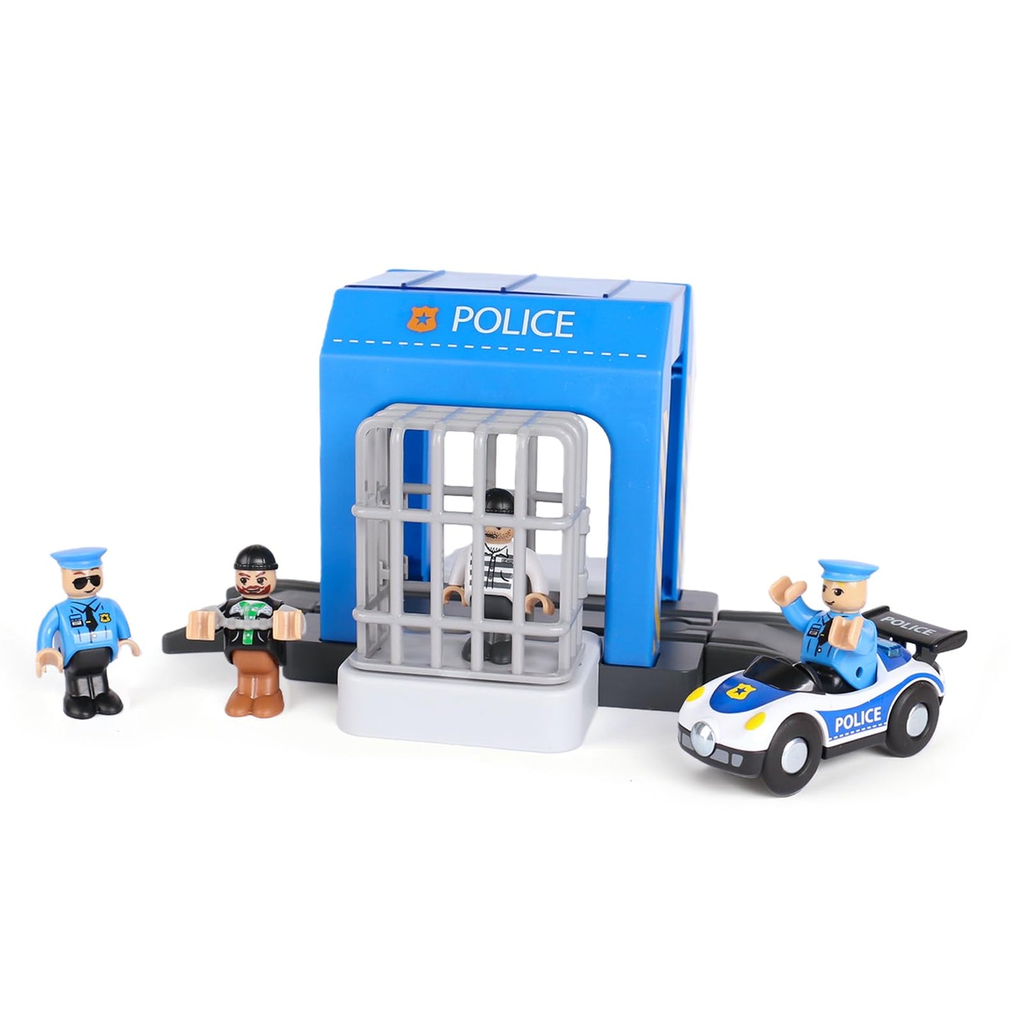 HANQIANN Police Station Playset Toy – Compatible with Wooden Train Tracks | Educational Gift for Kids