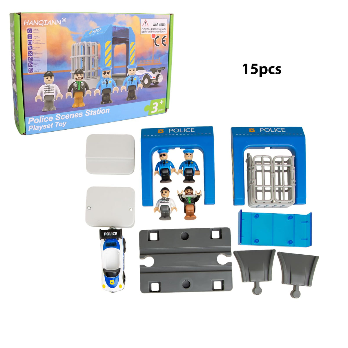 HANQIANN Police Station Playset Toy – Compatible with Wooden Train Tracks | Educational Gift for Kids