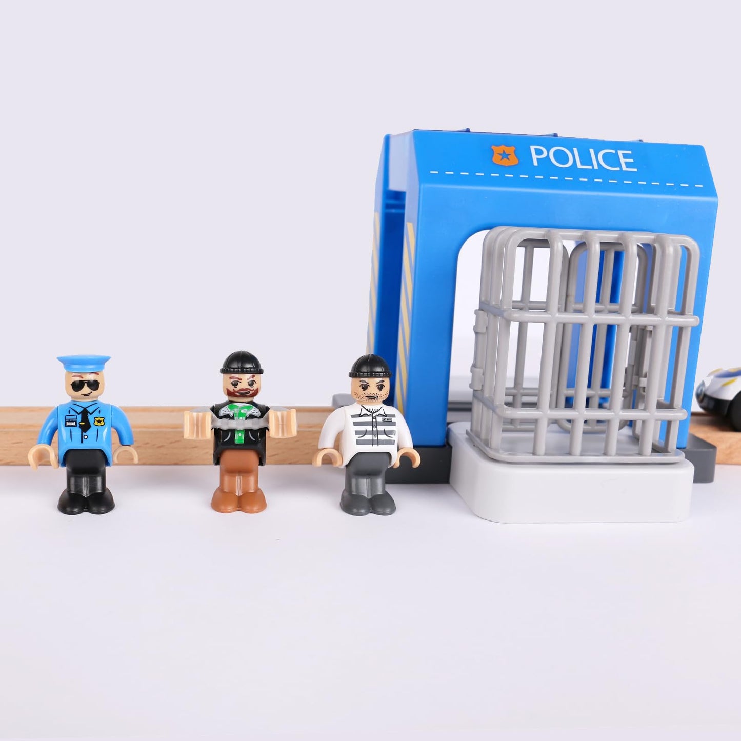 HANQIANN Police Station Playset Toy – Compatible with Wooden Train Tracks | Educational Gift for Kids