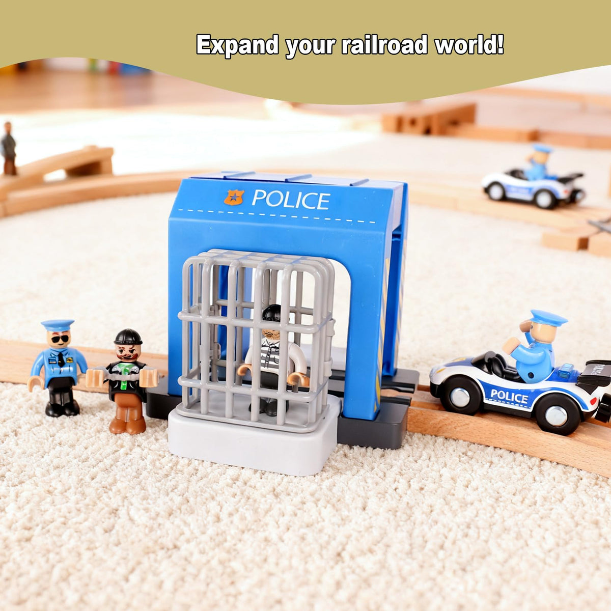 HANQIANN Police Station Playset Toy – Compatible with Wooden Train Tracks | Educational Gift for Kids