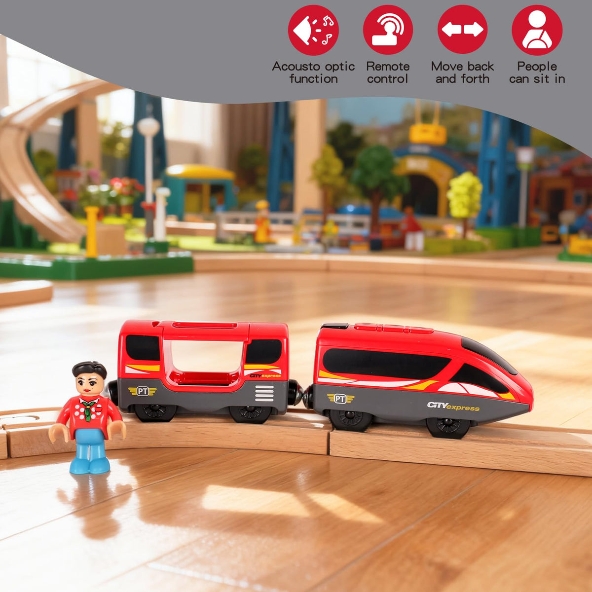 Hanqiann Battery-Operated Train for Wooden Tracks – Remote Control Locomotive with Lights