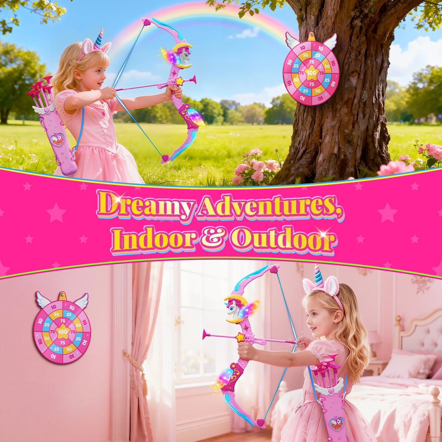 Hanroni Unicorn BowArrow Set with 6 Magic Lights for Girls 3-12