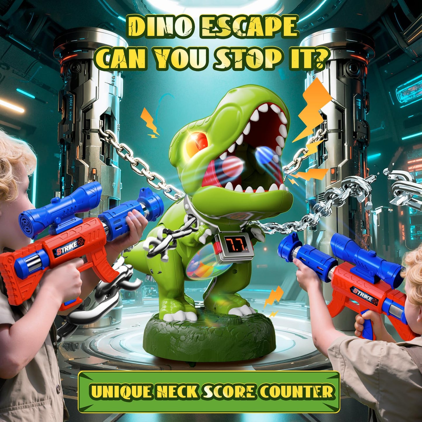 Hanroni Realistic Dinosaur Moveable Shooting Toys — 2-Pack Launchers with Aiming, Roaring Eyes & Belly Glow