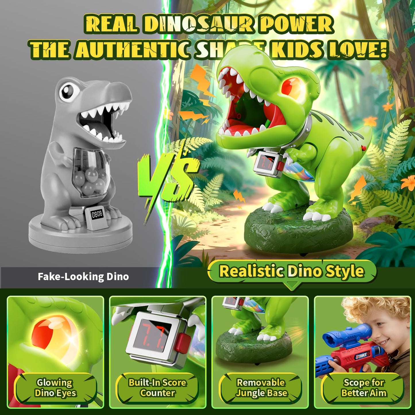 Hanroni Realistic Dinosaur Moveable Shooting Toys — 2-Pack Launchers with Aiming, Roaring Eyes & Belly Glow