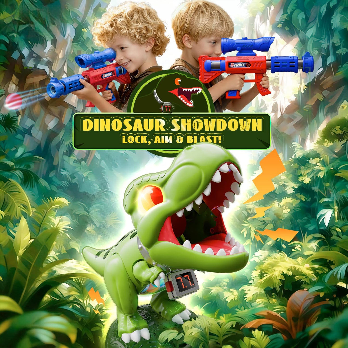 Hanroni Realistic Dinosaur Moveable Shooting Toys — 2-Pack Launchers with Aiming, Roaring Eyes & Belly Glow