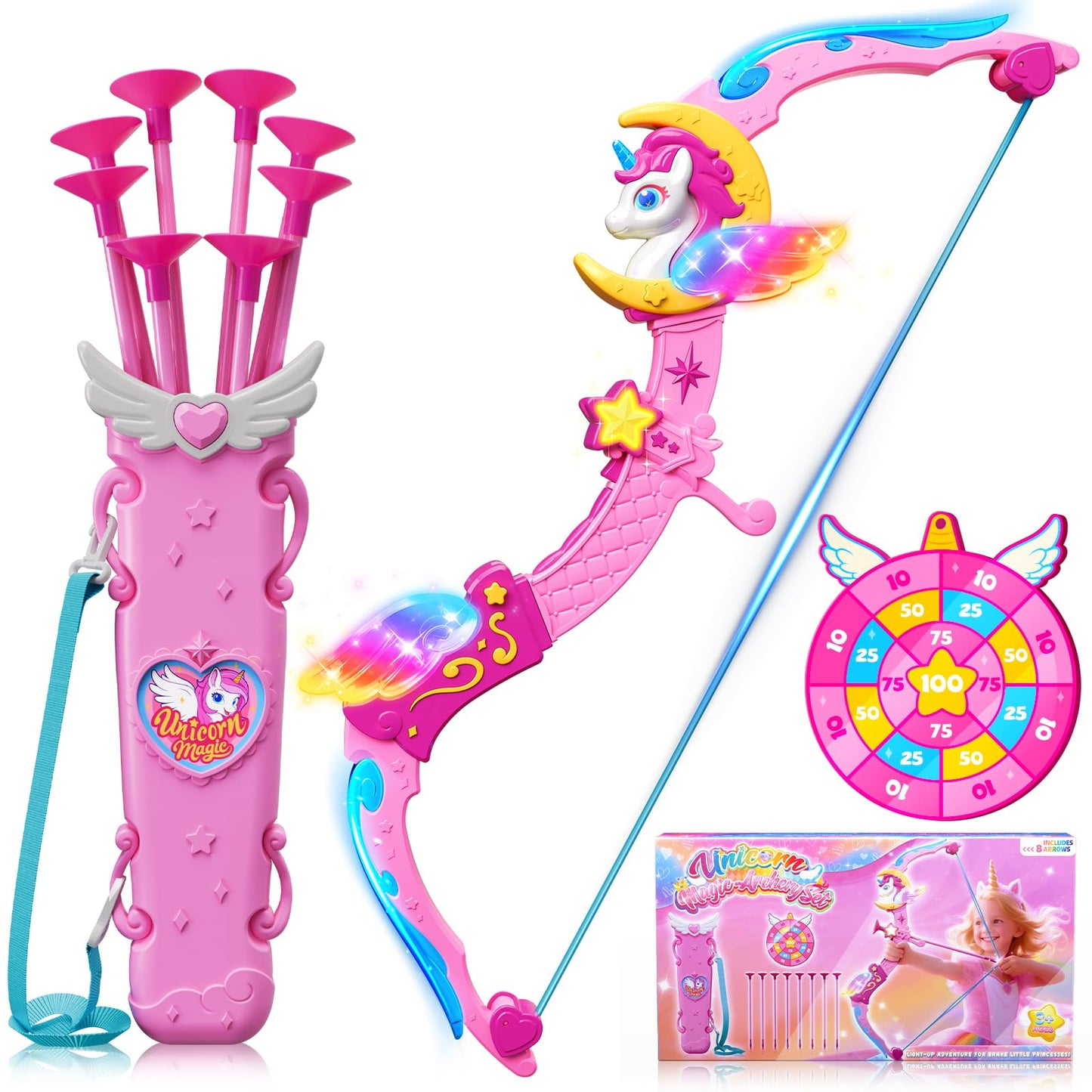 Hanroni Unicorn BowArrow Set with 6 Magic Lights for Girls 3-12