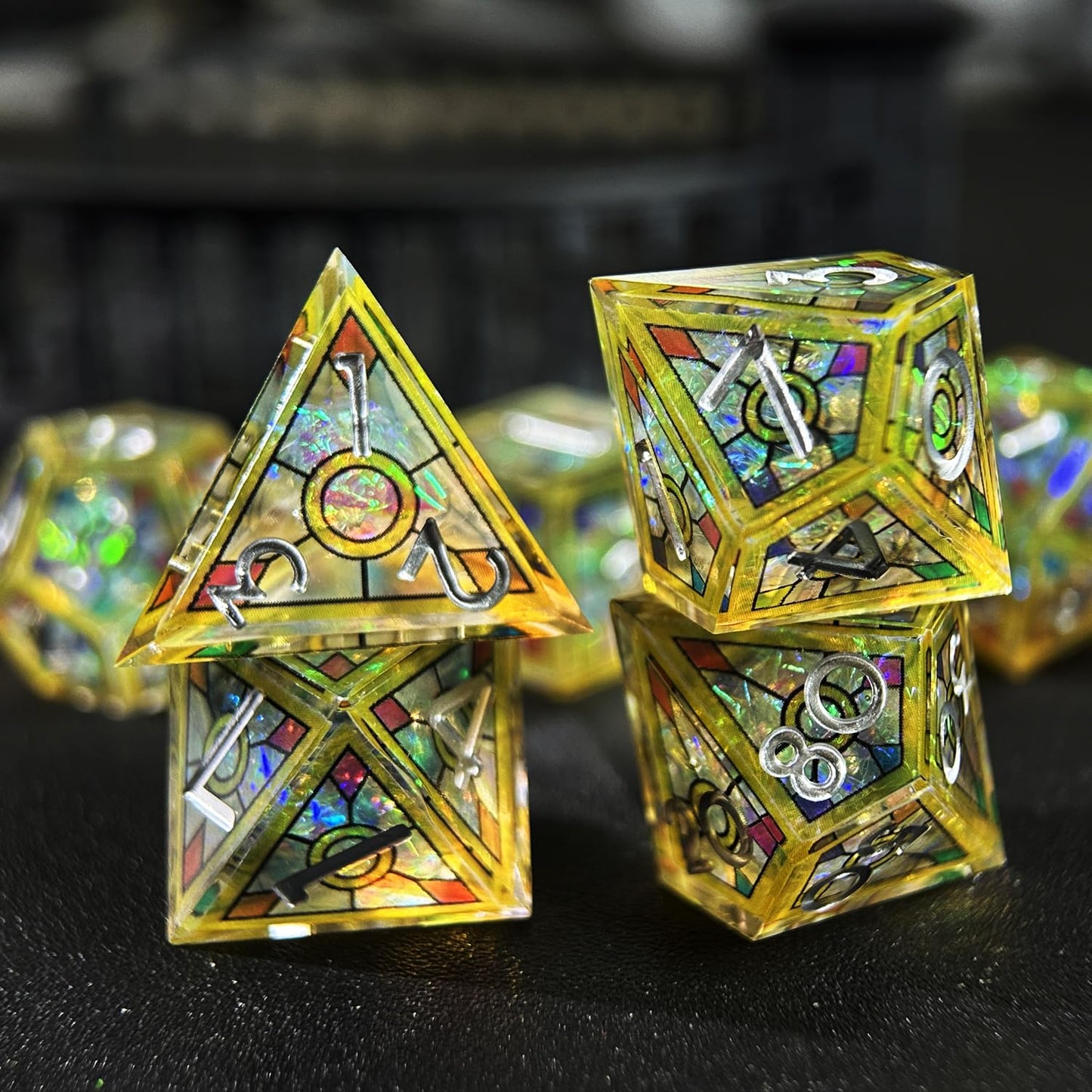 HAOMEJA Double Layered Resin Dice Set – 7-Piece Stained Glass Dice with Gold Numbers & Sharp Edges
