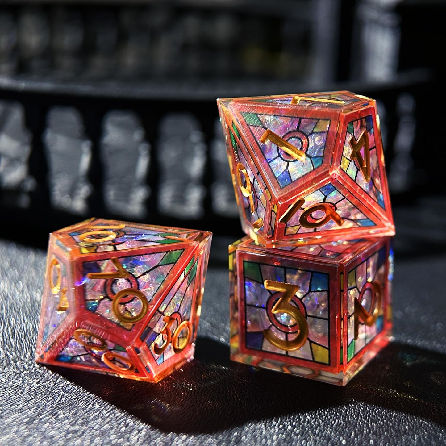 HAOMEJA 7-Piece Double Layered Resin Dice Set – Stained Glass Red Sky, Sharp Edges