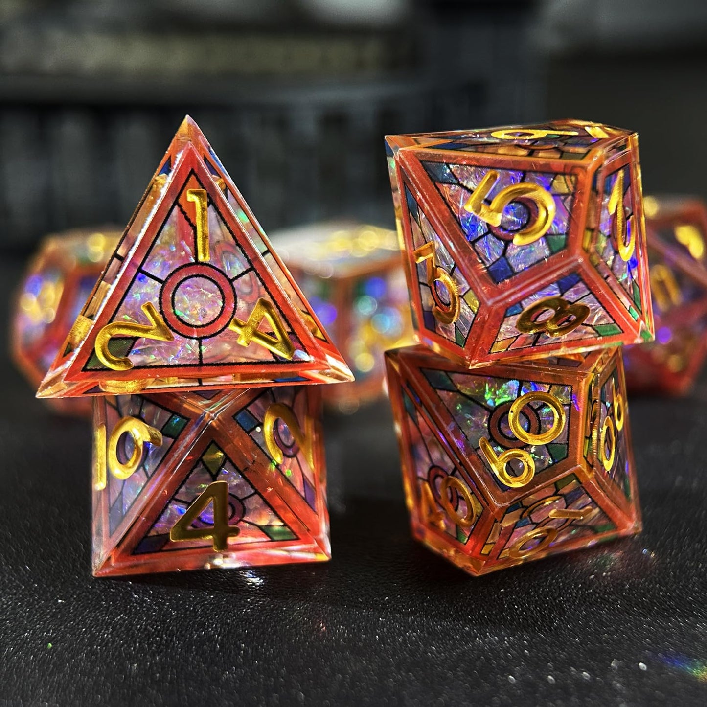 HAOMEJA 7-Piece Double Layered Resin Dice Set – Stained Glass Red Sky, Sharp Edges