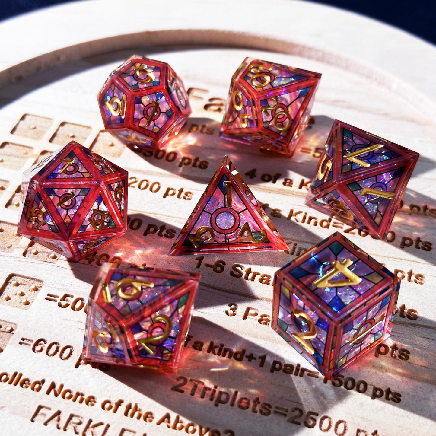HAOMEJA 7-Piece Double Layered Resin Dice Set – Stained Glass Red Sky, Sharp Edges