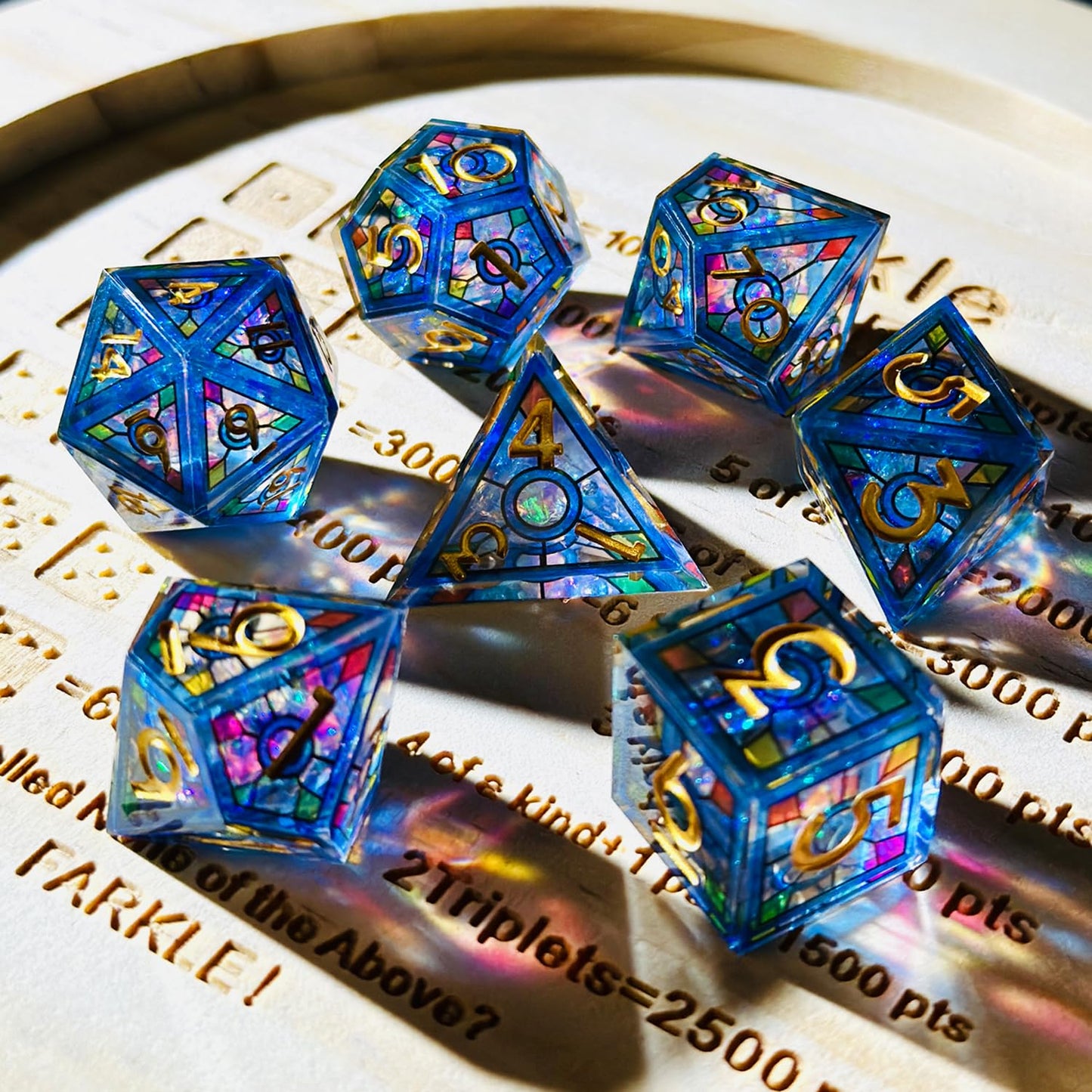 HAOMEJA Double Layered Resin Dice Set – 7-Piece Stained Glass Blue Sky with Gold Numbers (Sharp Edges)