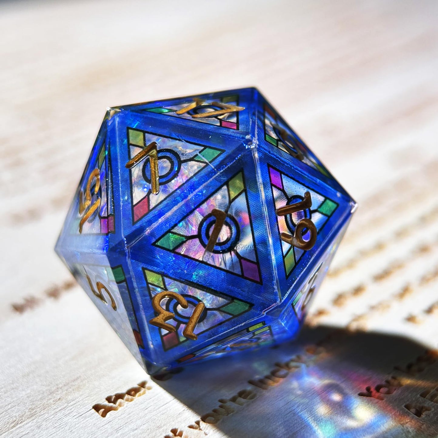 HAOMEJA Double Layered Resin Dice Set – 7-Piece Stained Glass Blue Sky with Gold Numbers (Sharp Edges)
