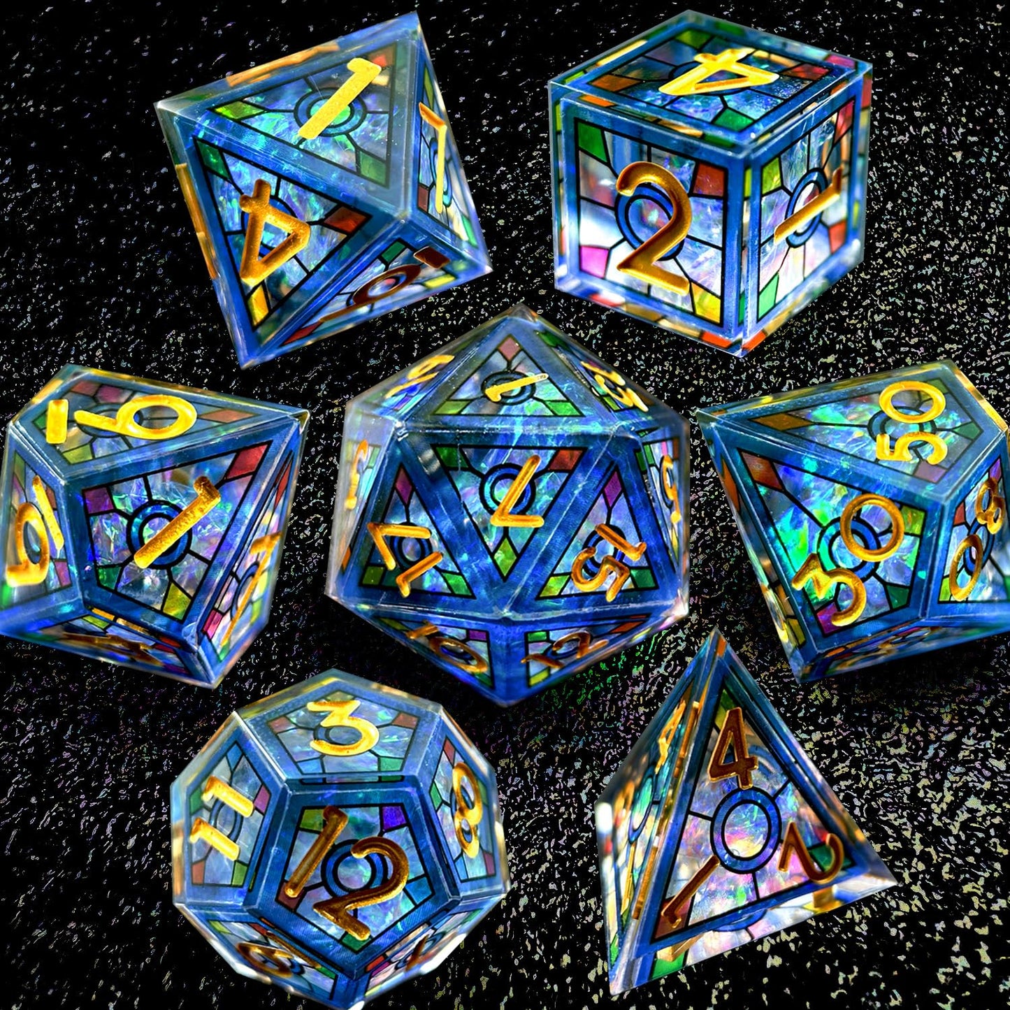 HAOMEJA Double Layered Resin Dice Set – 7-Piece Stained Glass Blue Sky with Gold Numbers (Sharp Edges)