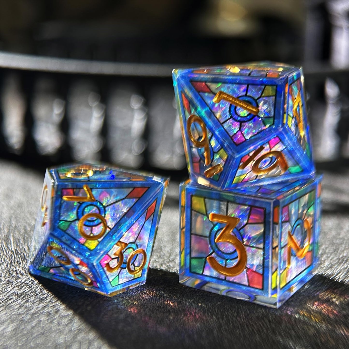 HAOMEJA Double Layered Resin Dice Set – 7-Piece Stained Glass Blue Sky with Gold Numbers (Sharp Edges)