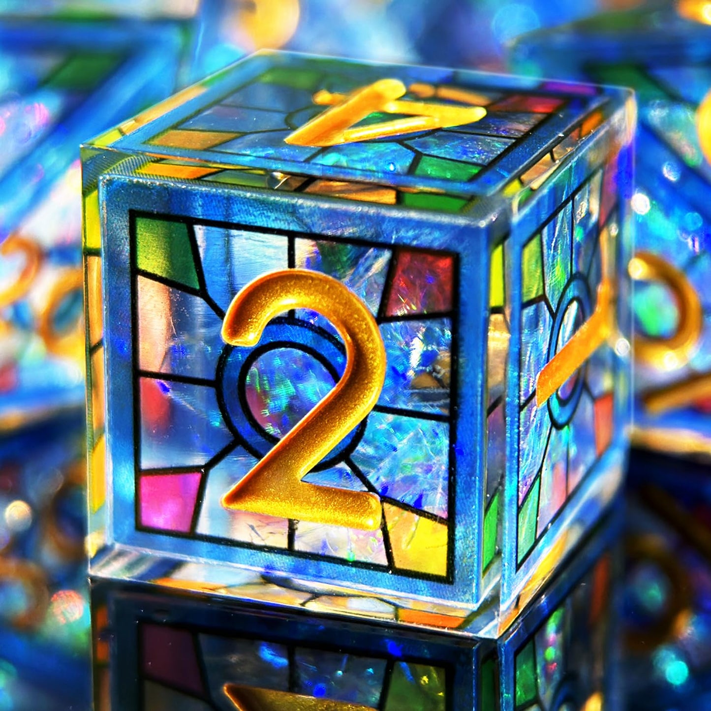 HAOMEJA Double Layered Resin Dice Set – 7-Piece Stained Glass Blue Sky with Gold Numbers (Sharp Edges)