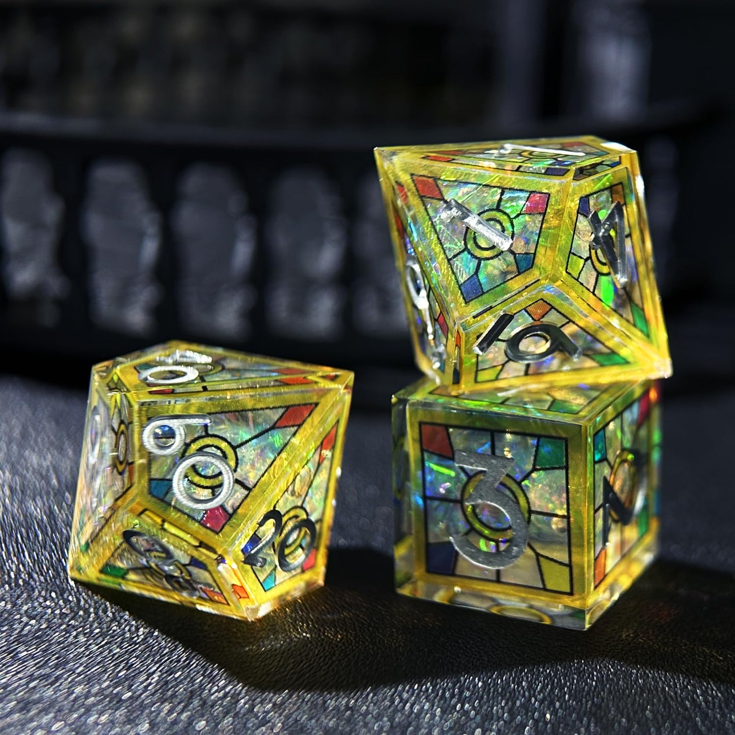 HAOMEJA Double Layered Resin Dice Set – 7-Piece Stained Glass Dice with Gold Numbers & Sharp Edges