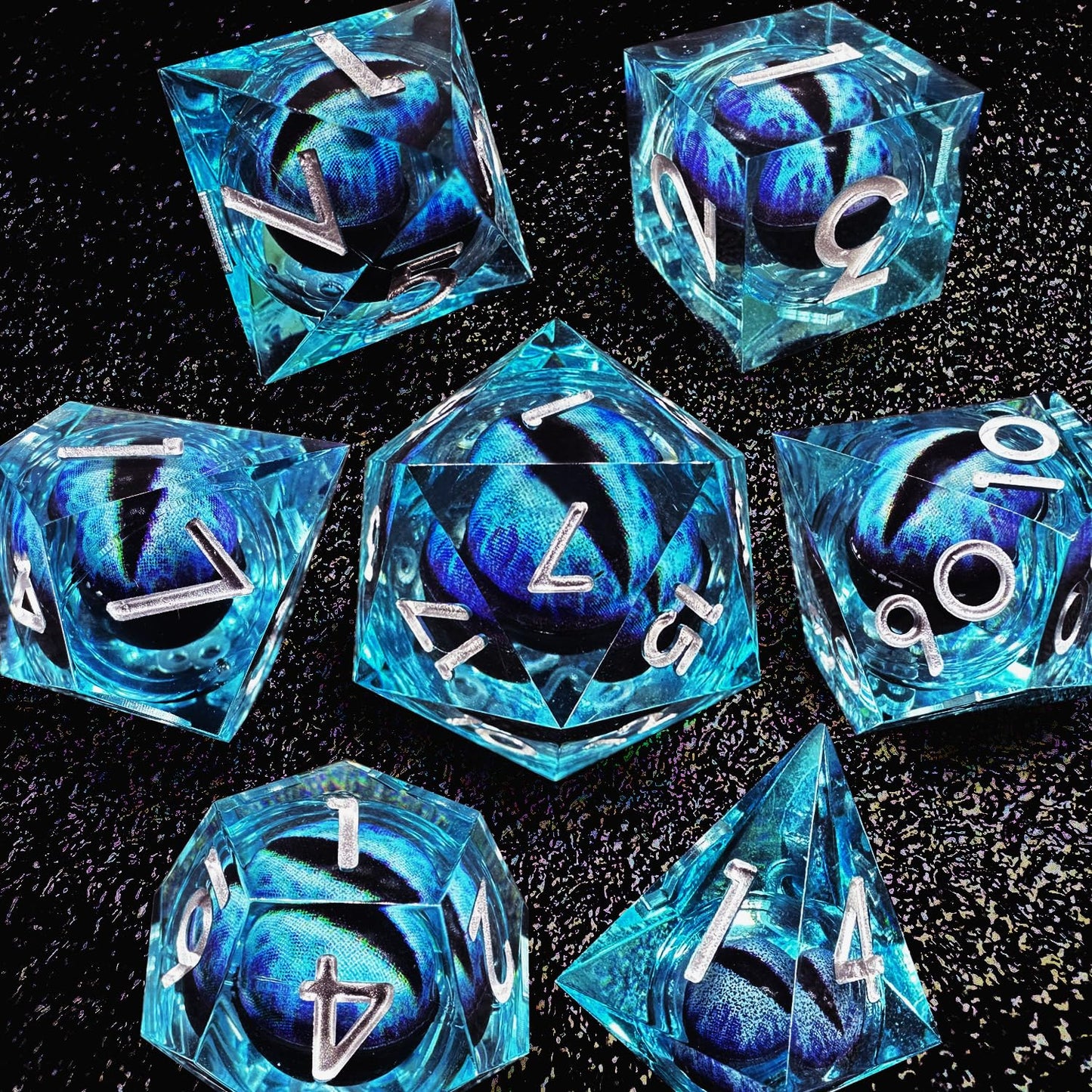 HAOMEJA Resin Dragon Eye DND Dice Set – 7-Piece Sharp-Edge Polyhedral Dice with Dragon Eye Bag (Blue)