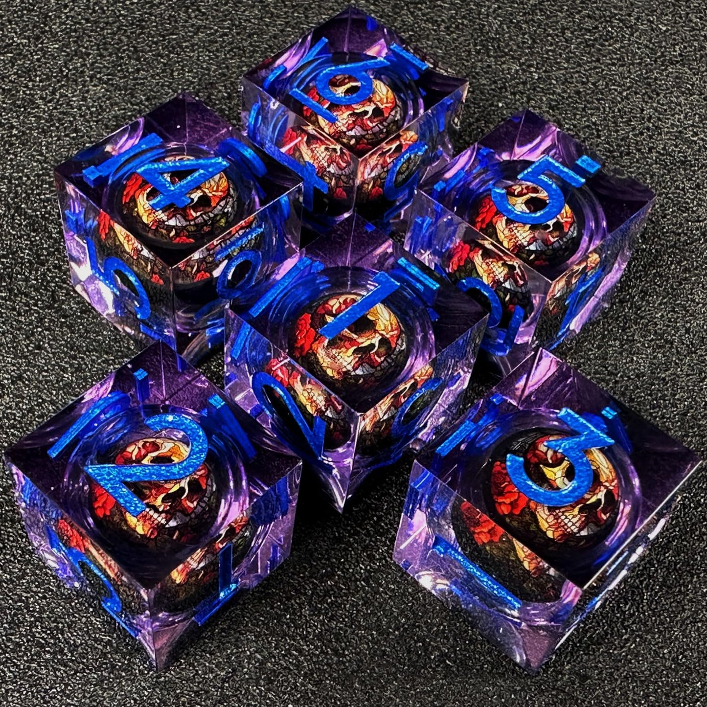 HAOMEJA Skull D6 Resin Dice Set – 6pcs Handmade DND RPG Dice, Purple Skull Design
