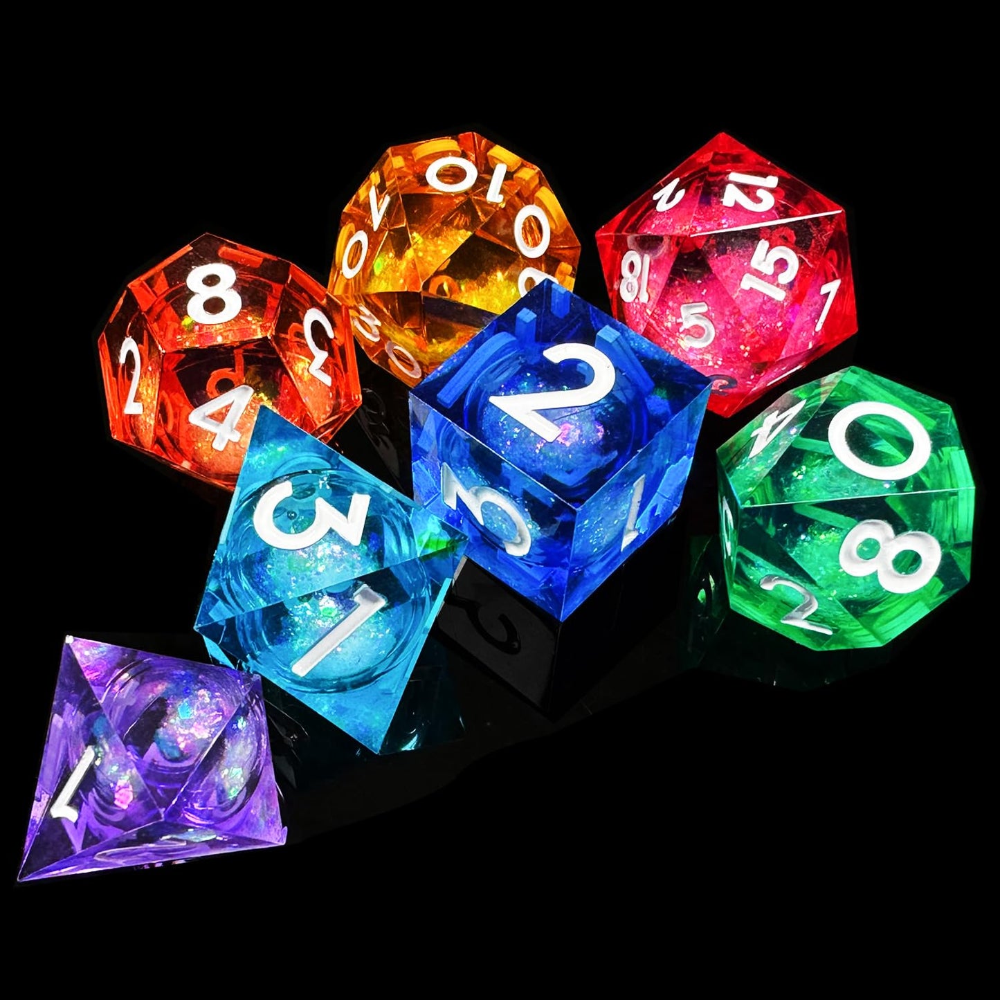 HAOMEJA Liquid Core Resin DND Dice Set 7Pcs – Sharp Edge RPG Dice for D&D (D20–D4)