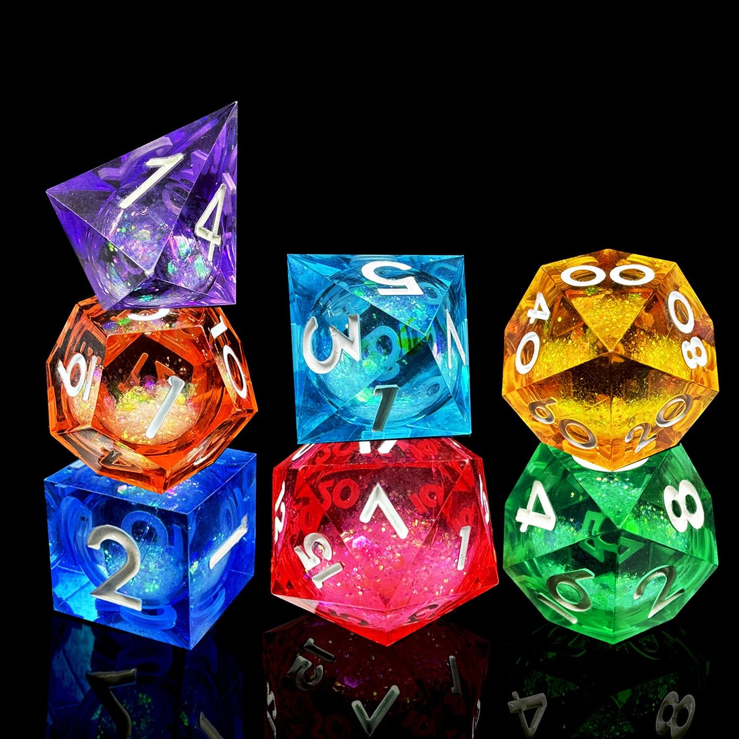 HAOMEJA Liquid Core Resin DND Dice Set 7Pcs – Sharp Edge RPG Dice for D&D (D20–D4)