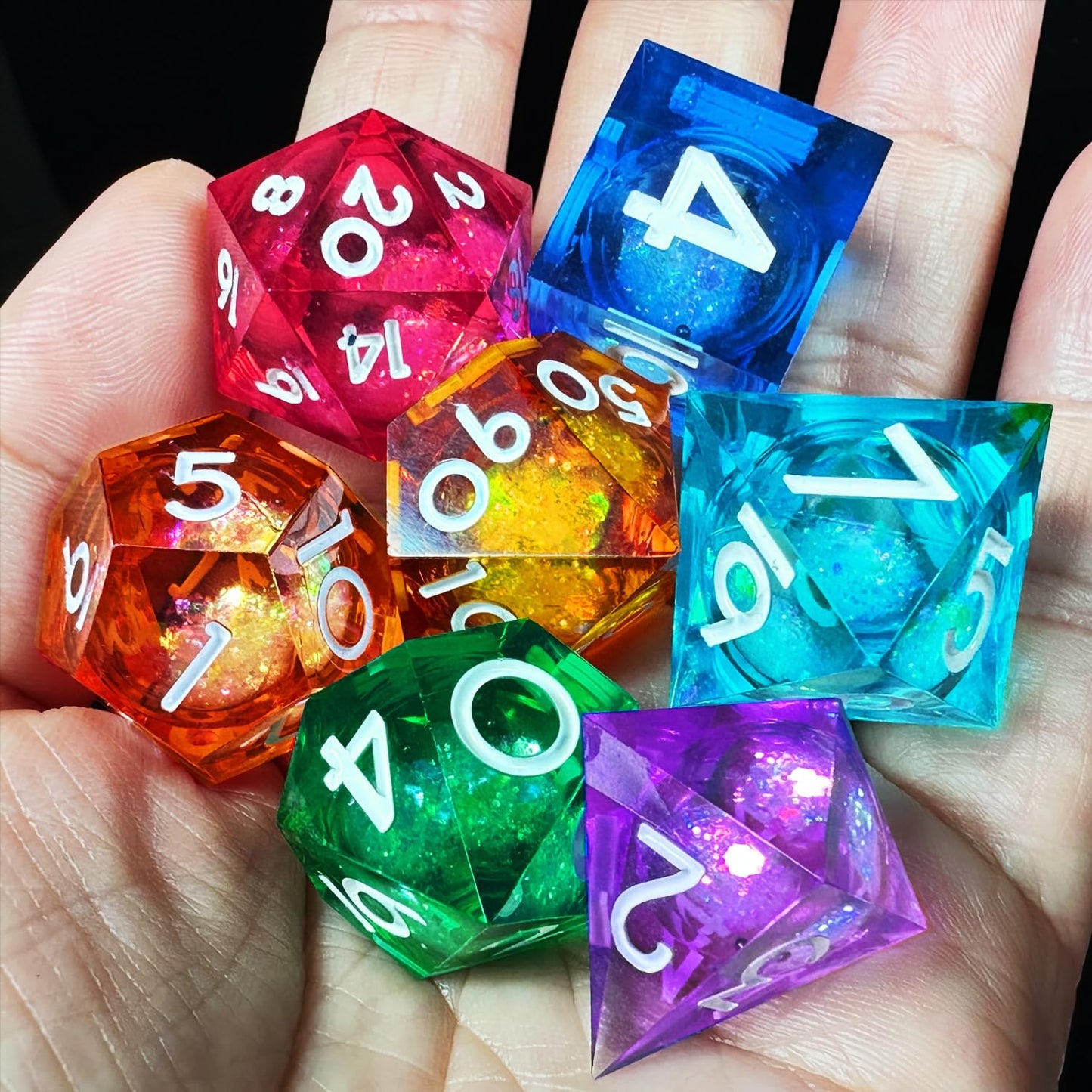 HAOMEJA Liquid Core Resin DND Dice Set 7Pcs – Sharp Edge RPG Dice for D&D (D20–D4)
