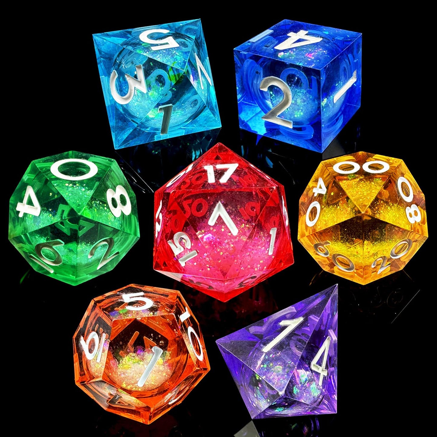 HAOMEJA Liquid Core Resin DND Dice Set 7Pcs – Sharp Edge RPG Dice for D&D (D20–D4)
