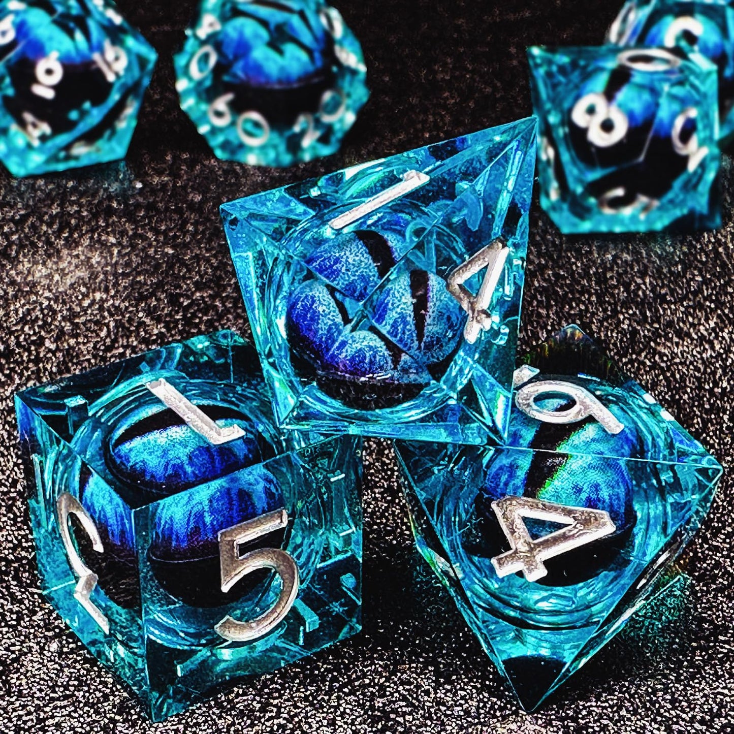 HAOMEJA Resin Dragon Eye DND Dice Set – 7-Piece Sharp-Edge Polyhedral Dice with Dragon Eye Bag (Blue)