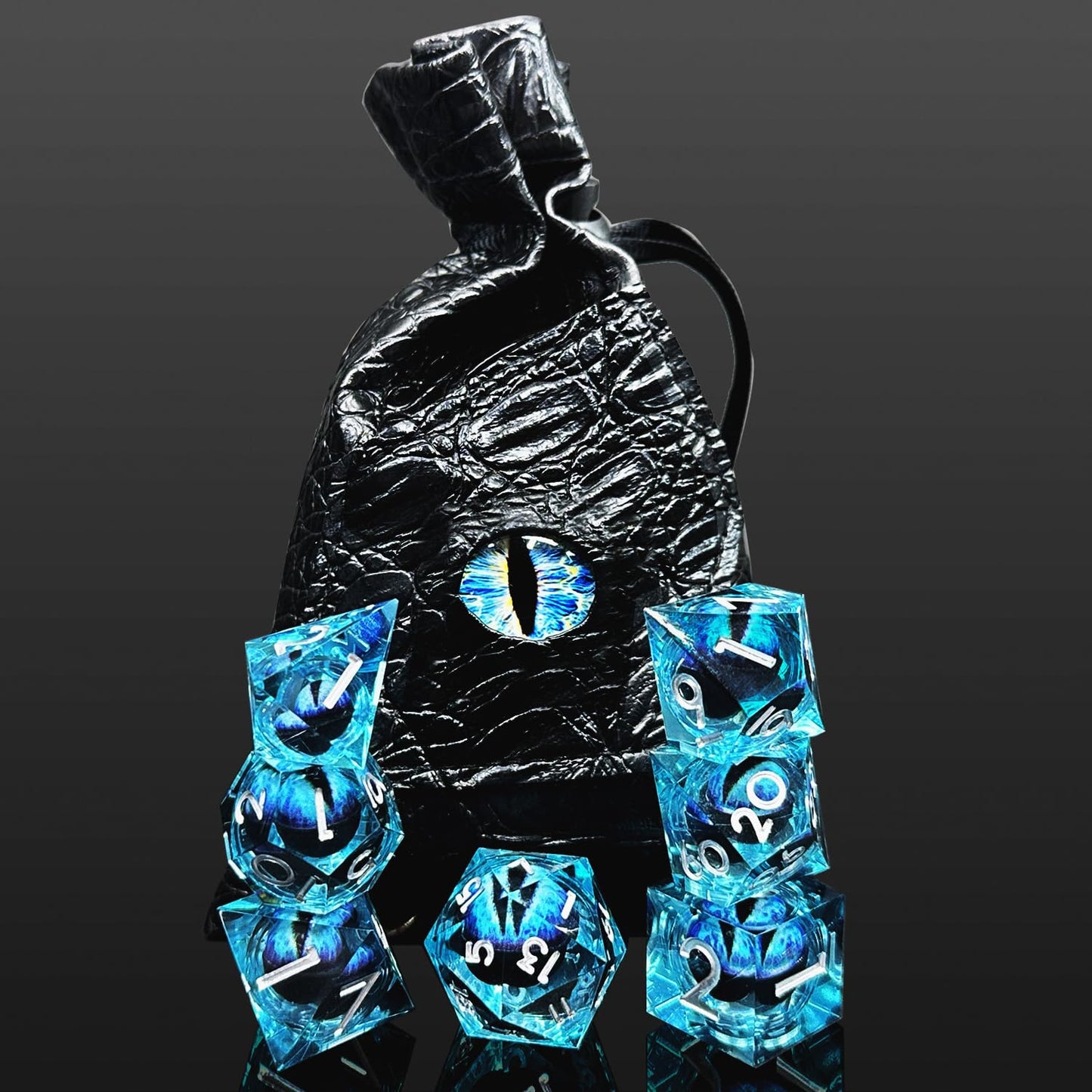 HAOMEJA Resin Dragon Eye DND Dice Set – 7-Piece Sharp-Edge Polyhedral Dice with Dragon Eye Bag (Blue)
