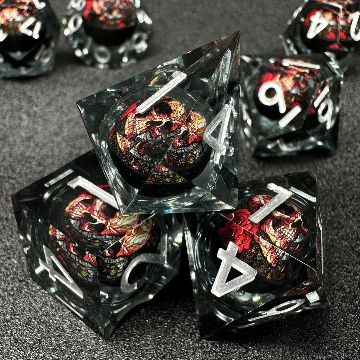 HAOMEJA Skull D&D Monster Resin Dice Set – Sharp Edges, 7 Dice with Dragon Eye Gift Bag