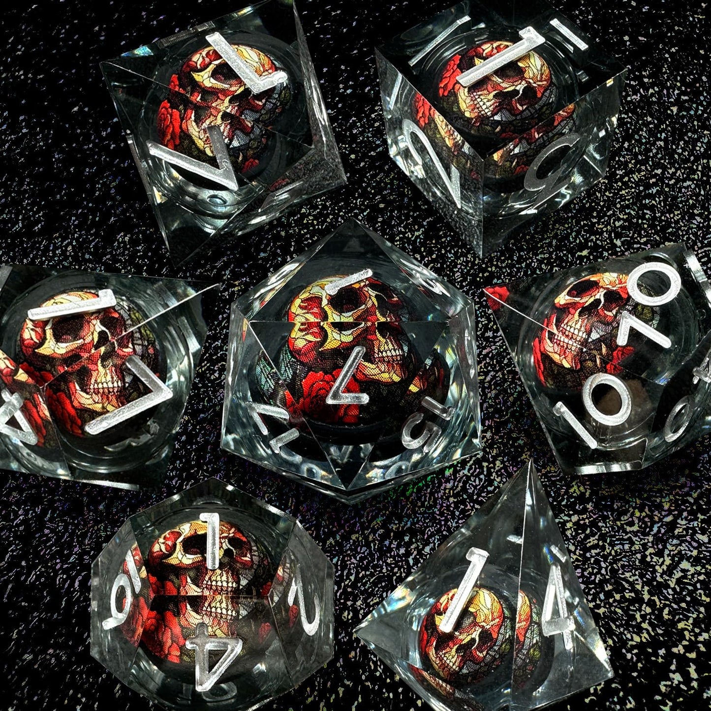 HAOMEJA Skull D&D Monster Resin Dice Set – Sharp Edges, 7 Dice with Dragon Eye Gift Bag