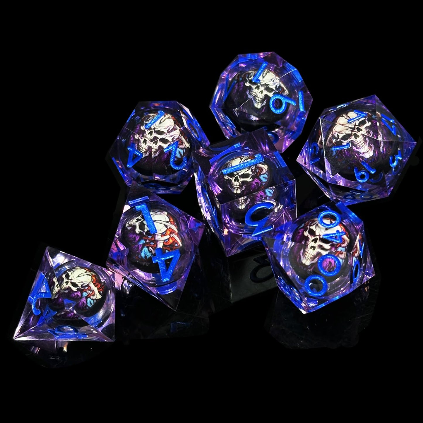 HAOMEJA Skull D&D Monster Resin Dice Set – 7 Sharp-Edged DND Dice with Dragon Eye Gift Bag (Purple)