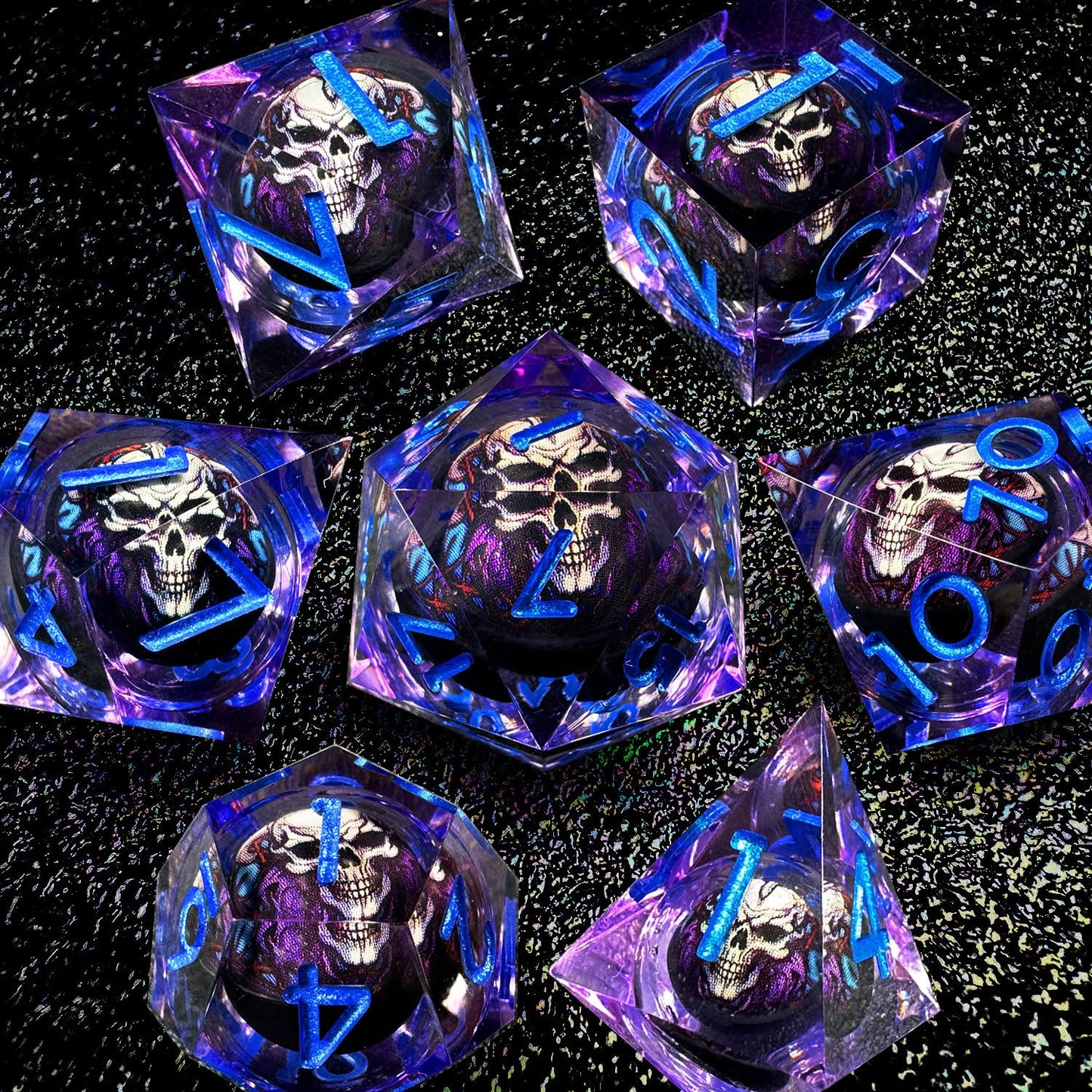 HAOMEJA Skull D&D Monster Resin Dice Set – 7 Sharp-Edged DND Dice with Dragon Eye Gift Bag (Purple)