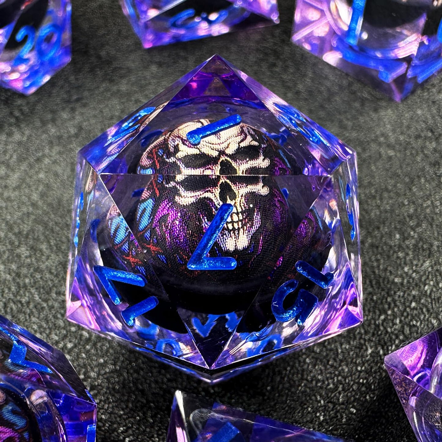 HAOMEJA Skull D&D Monster Resin Dice Set – 7 Sharp-Edged DND Dice with Dragon Eye Gift Bag (Purple)