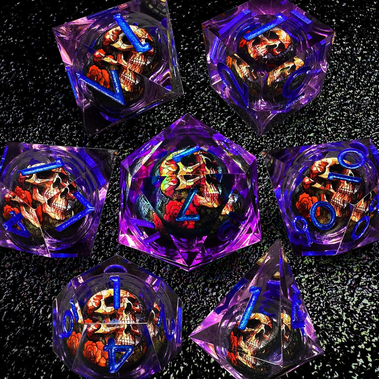 HAOMEJA Skull D&D Monster Resin Dice Set – 7 Sharp-Edged RPG Dice with Gift Bag (Purple)
