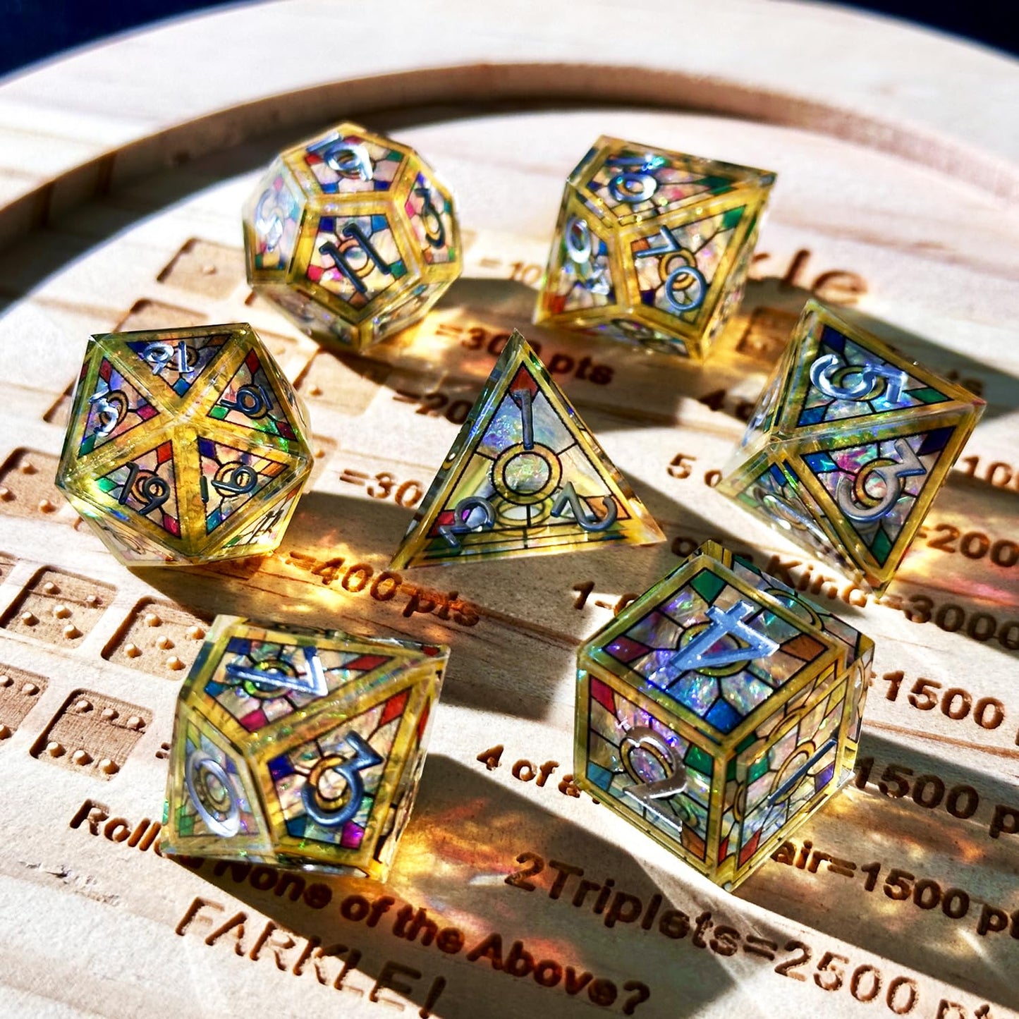 HAOMEJA Double Layered Resin Dice Set – 7-Piece Stained Glass Dice with Gold Numbers & Sharp Edges