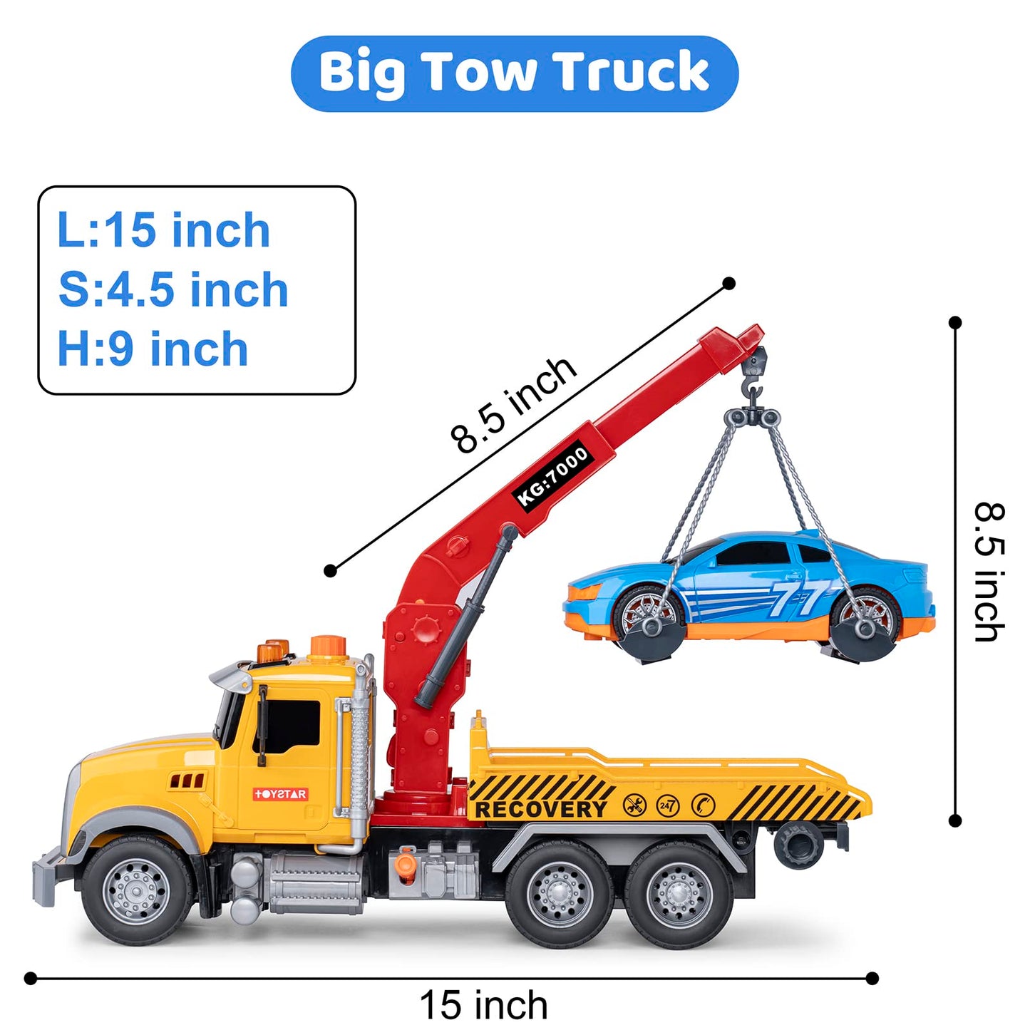 haomsj Big Tow Trucks Toy with Hook | Light & Sound 1:18 Pull Back Truck for Kids