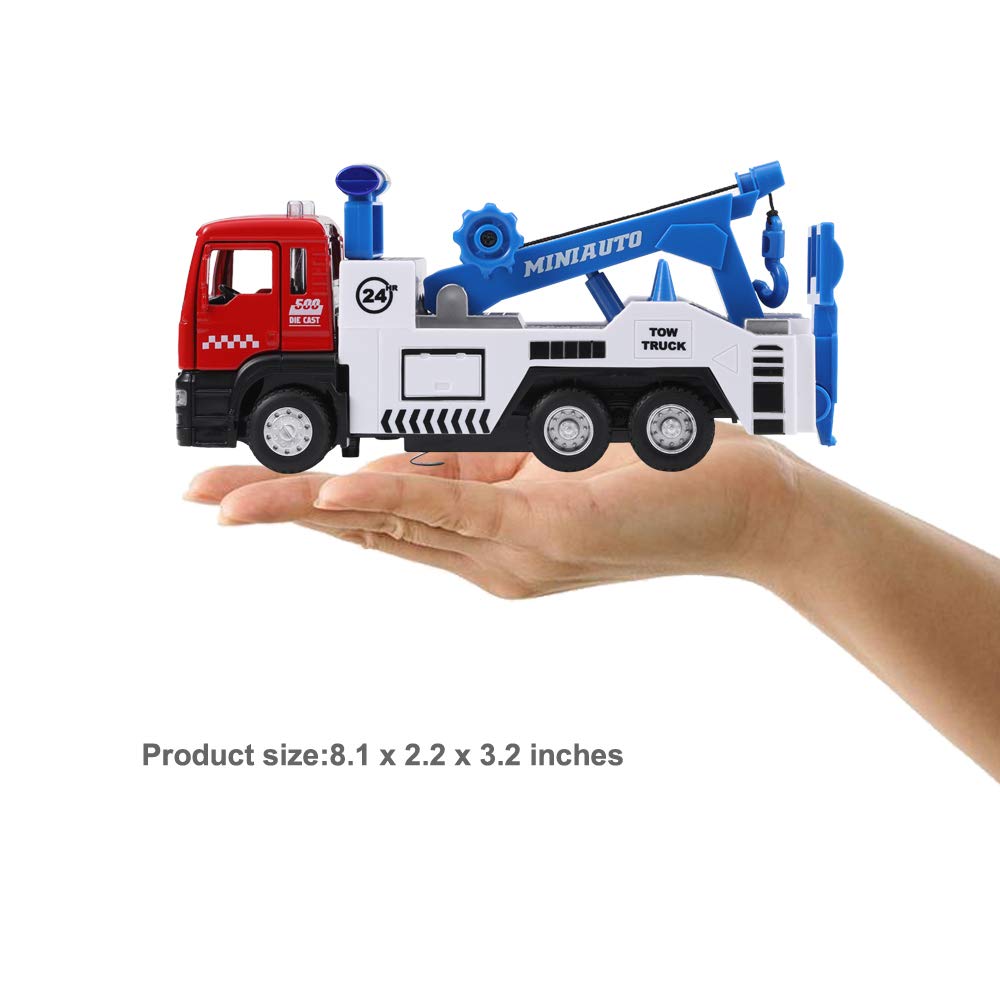 haomsj Toy Tow Truck Pull Back – Lights & Sound Carrier Truck 1:50 Scale