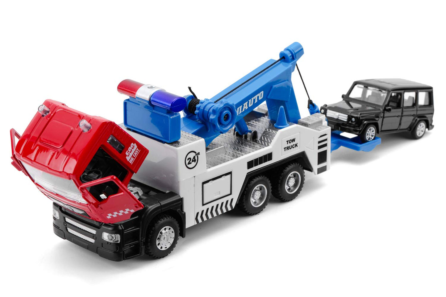 haomsj Toy Tow Truck Pull Back – Lights & Sound Carrier Truck 1:50 Scale