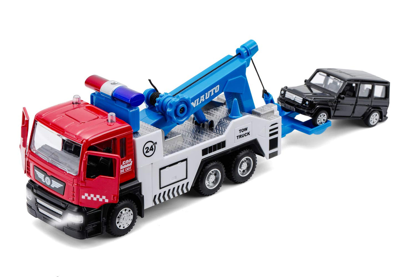 haomsj Toy Tow Truck Pull Back – Lights & Sound Carrier Truck 1:50 Scale