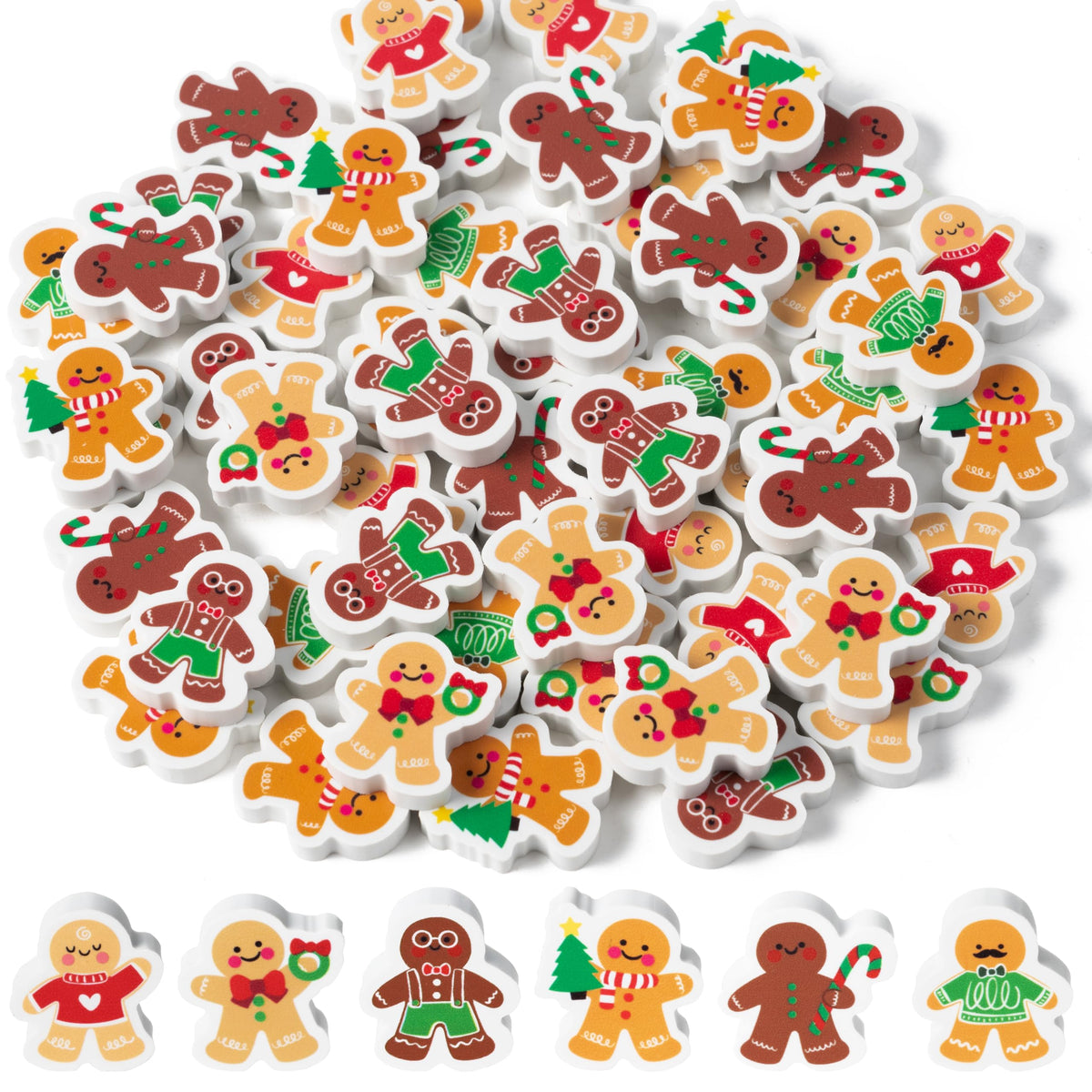 Haooryx Christmas Gingerbread Men Erasers — 60Pcs Colorful 1-Inch Desk Erasers