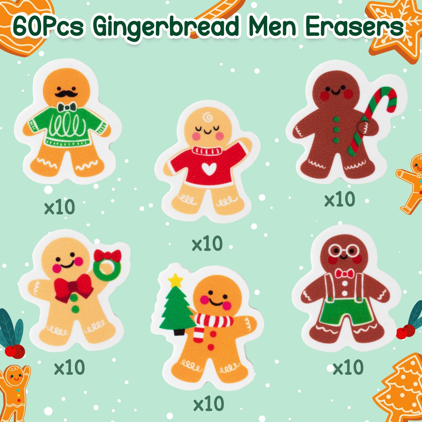 Haooryx Christmas Gingerbread Men Erasers — 60Pcs Colorful 1-Inch Desk Erasers