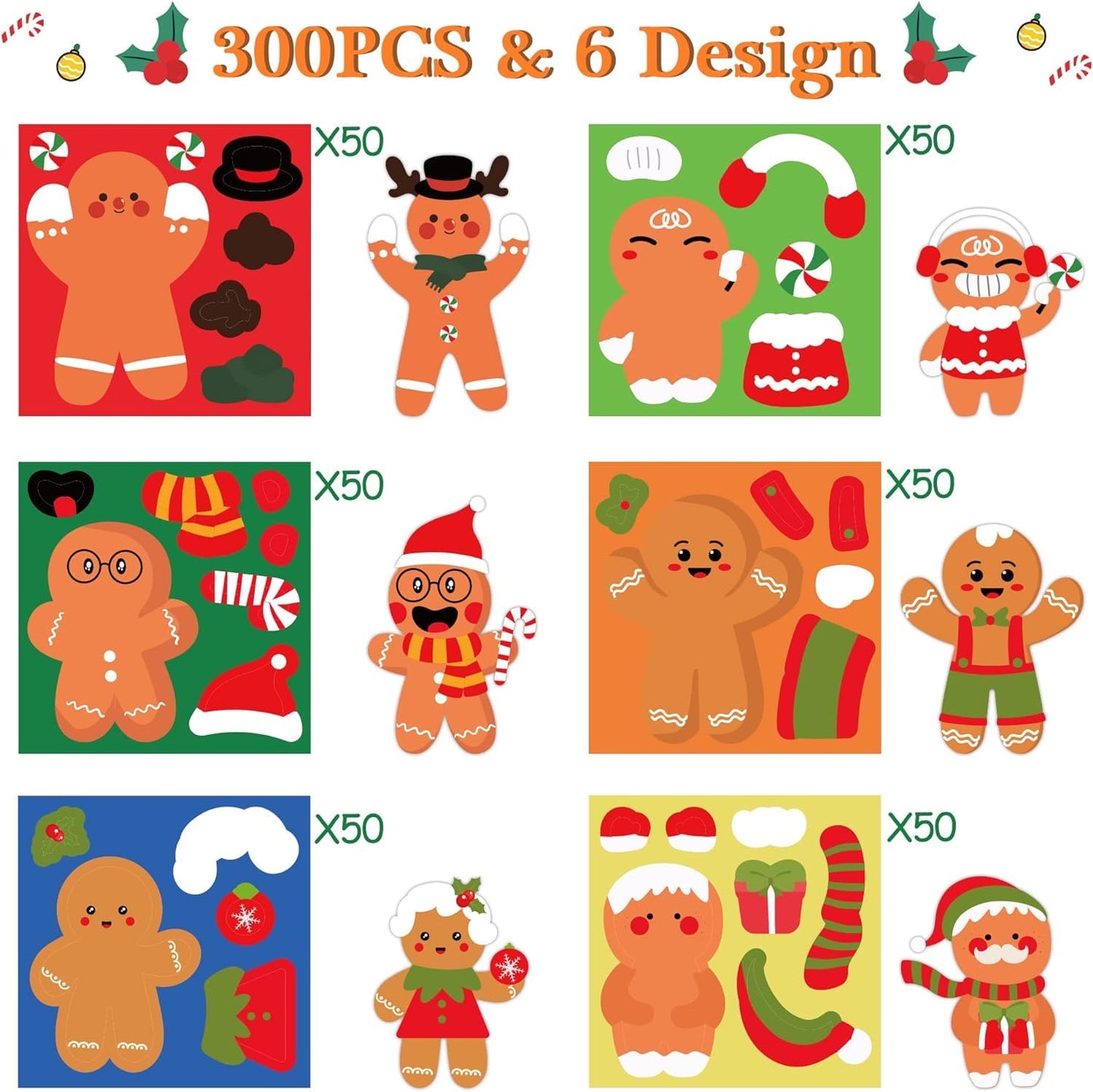 Haooryx 300PCS Gingerbread Stickers Roll – Make Your Own Gingerbread Faces for Christmas, Party Favors