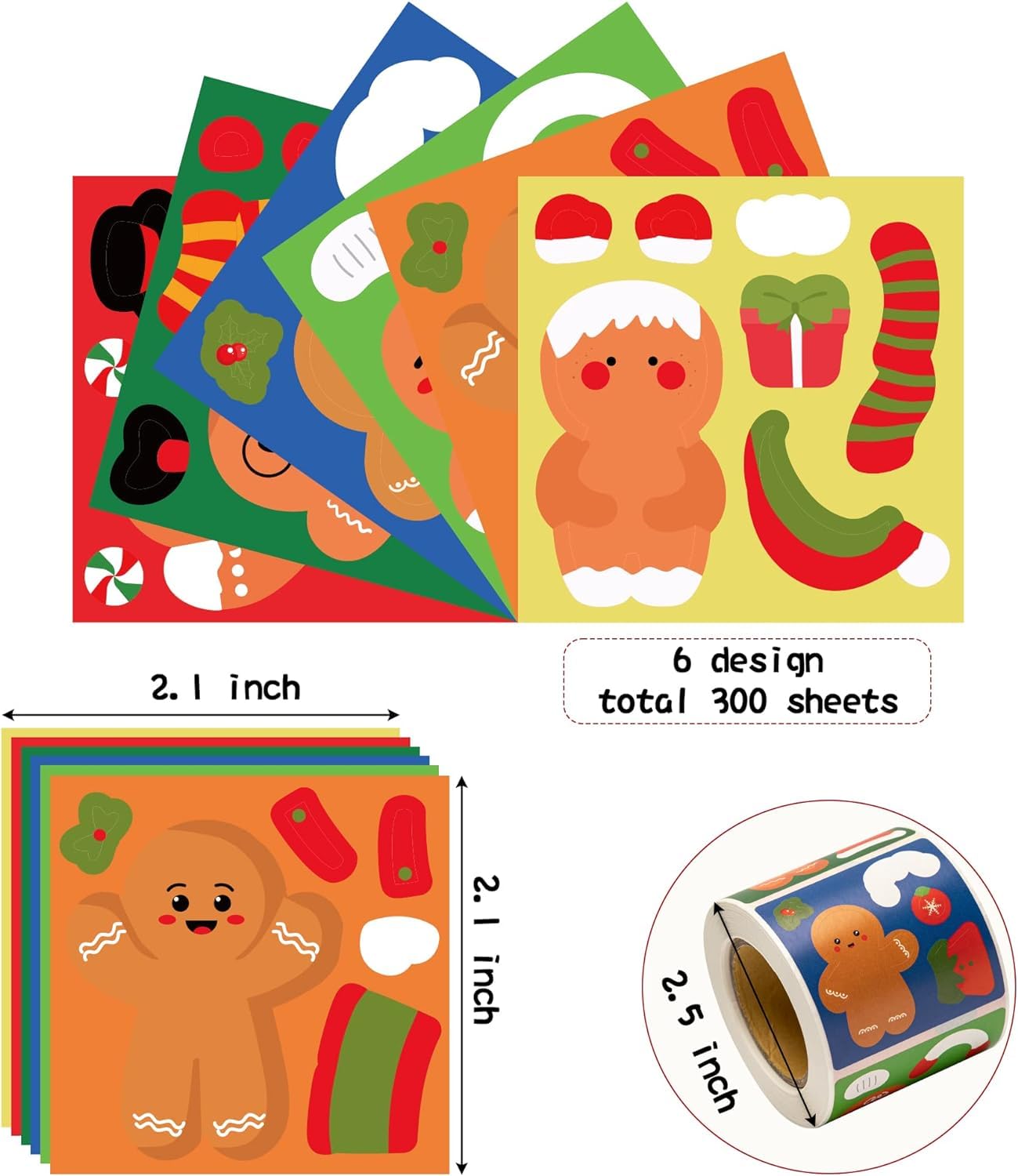 Haooryx 300PCS Gingerbread Stickers Roll – Make Your Own Gingerbread Faces for Christmas, Party Favors