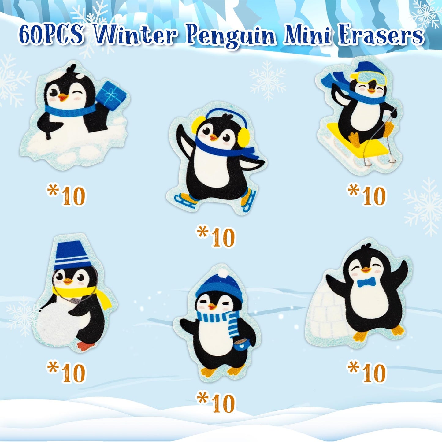 Haooryx Penguin Mini Eraser Bulk – 60pcs, Cute Winter Penguin Erasers for School & Gifts