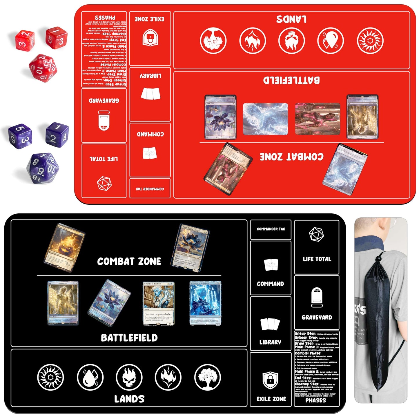 HaoSiTeck Card Game Playmats – 2-Pack MTG Playmat with Dice, 24x14 in, Black/Red