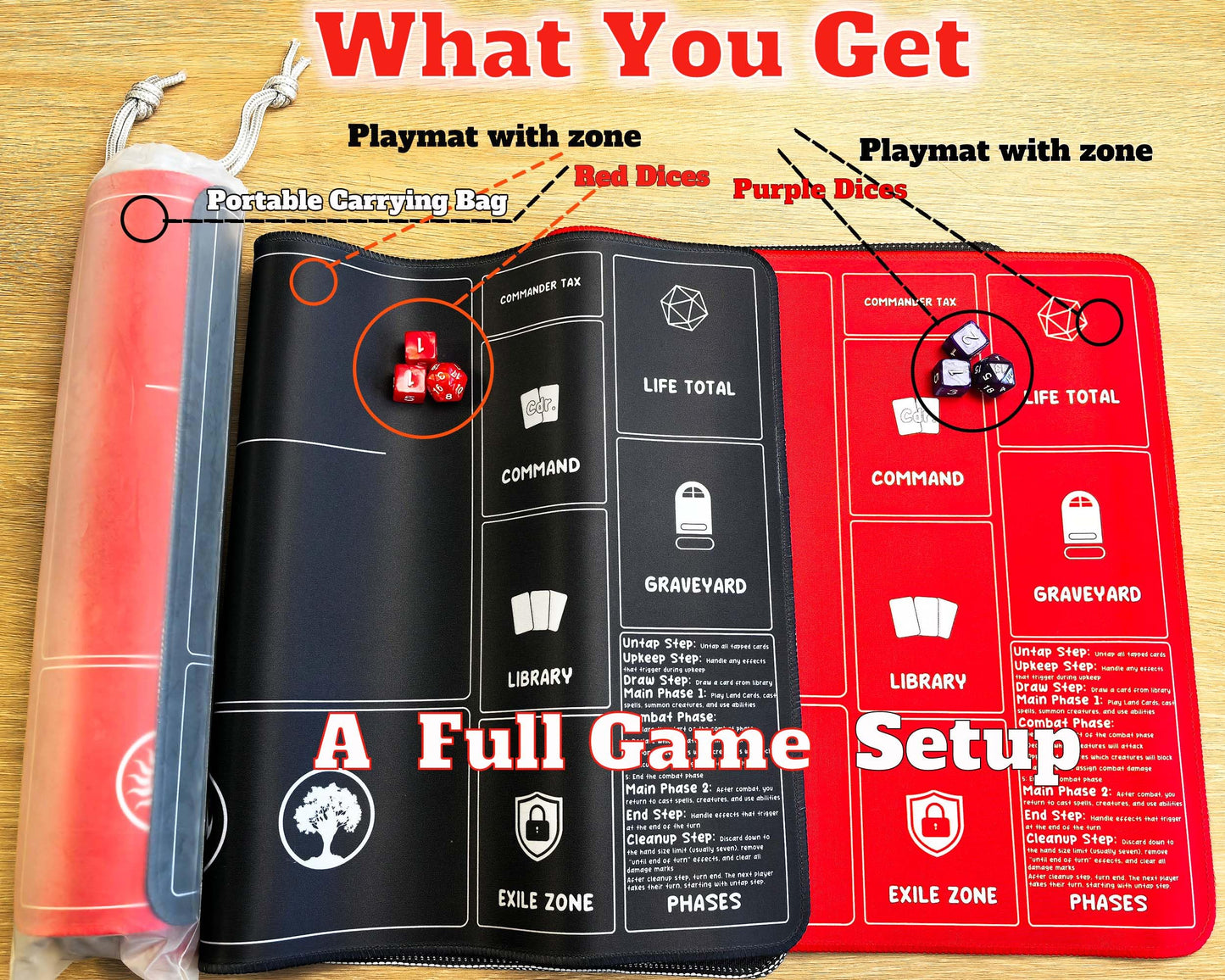 HaoSiTeck Card Game Playmats – 2-Pack MTG Playmat with Dice, 24x14 in, Black/Red