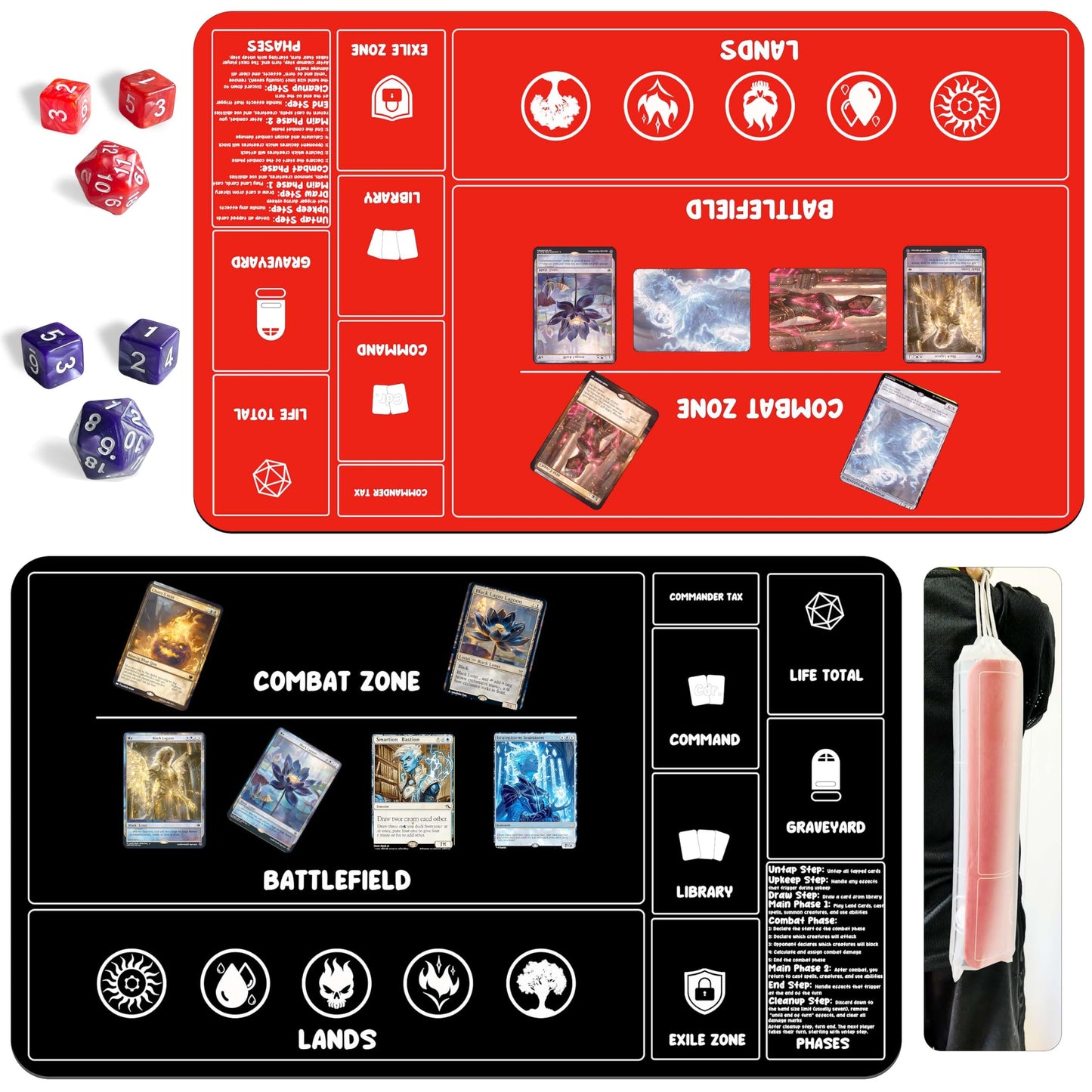 HaoSiTeck Card Game Playmats – 2-Pack MTG Playmat with Dice, 24x14 in, Black/Red